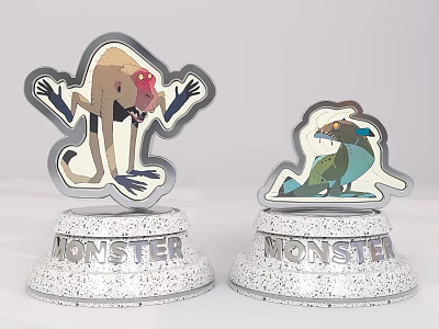 Two Cute Monster Themed Figurine Badges With Statuette Bases Inscribed Monster 3d model