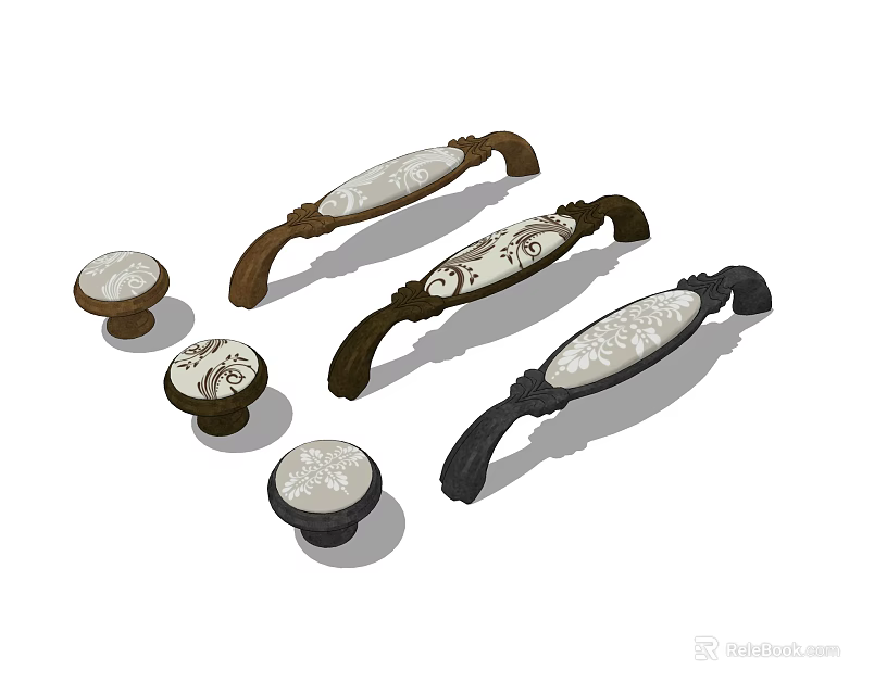 Decorative Furniture Handles With Carved Patterns Including Round Knobs And Elongated Pulls 3d model