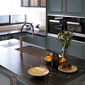 Modern Open Kitchen Interior Design With Island Counter Green Cabinets And Appliances