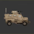 Sand Colored Armored Military Vehicle With Roof Mounted Machine Gun And Antenna