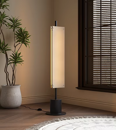 Modern Floor Lamp with Green Plant near Louvered Window in Indoor Corner 3d model