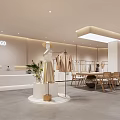 Stylish Clothing Store Interior With Logo Mannequin Hanging Clothes White Reception Counter Tables And Chairs