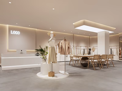 Stylish Clothing Store Interior With Logo Mannequin Hanging Clothes White Reception Counter Tables And Chairs 3d model