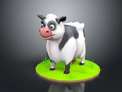Cute 3D Cartoon Black And White Cow Standing On Green Grass Field 3d model