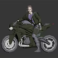 Low Poly 3D Model Green Motorcycle With Rider In Dark Background And Reflection 3d model