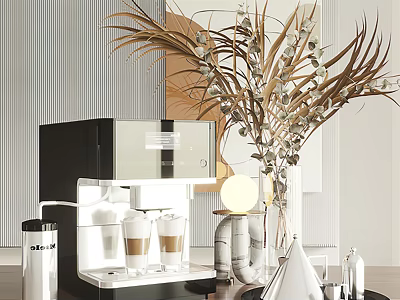 Modern Kitchen Setup With Sleek Coffee Machine Two Cups And Decorative Plants 3d model