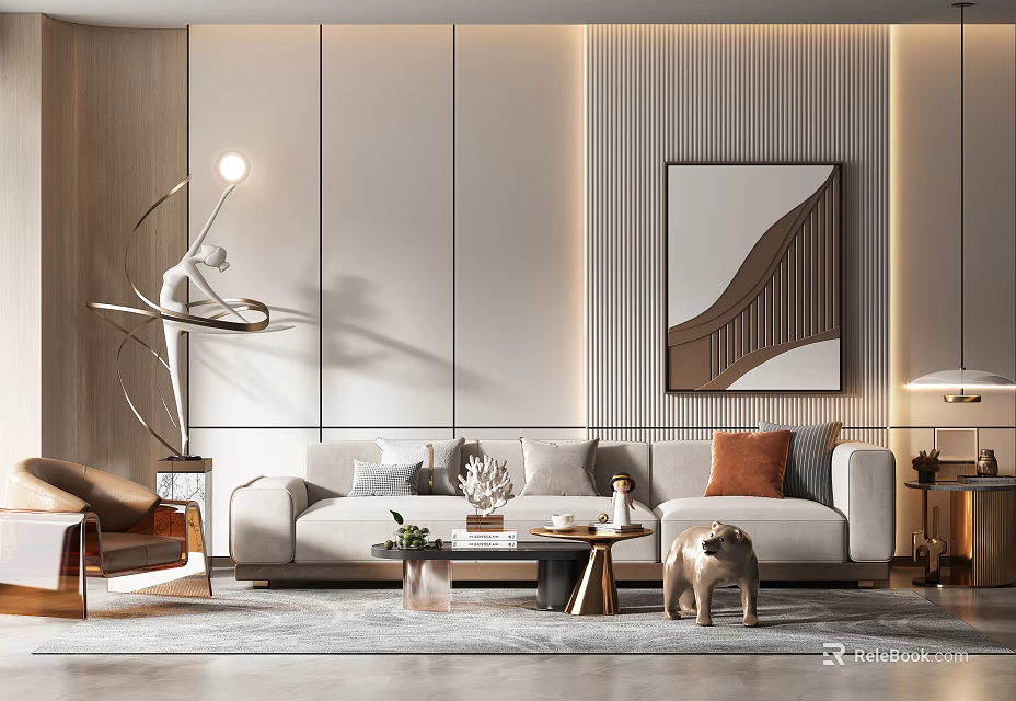 Modern Sofa And Coffee Table Set With Decorative Pillows Striped Wall Artwork And Floor Lamp 3d model