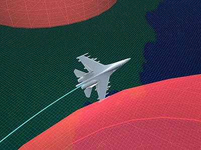 Fighter Jet Flying Over Grid Like Terrain With Green And Red Areas Displaying Flight Path 3d model