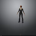 Woman with red hair wearing black top and yellow accents black pants and boots