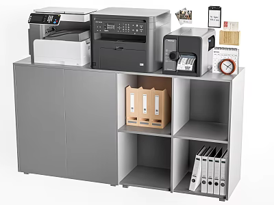 Gray Storage Cabinet with Doors and Open Shelves Holding Printers File Folders and Small Office Items 3d model