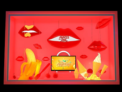 Kinder Joy Themed Store Window Decoration With Red Background Lip Shapes Bananas And Ice Cream 3d model