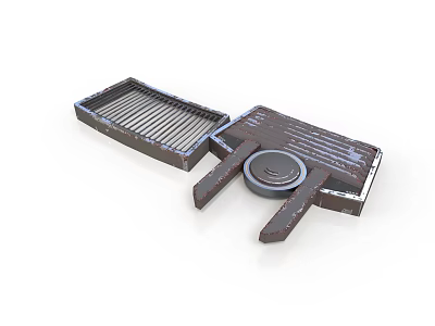 Rustic Industrial Metal Component With Grille Panel And Circular Wheel 3d model