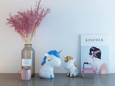 Stylish Decorative Ornament Set With Unicorn Figurines Dried Flowers Vase And Magazine 3d model