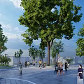 Outdoor Leisure Path with Trees Grass People Sitting on Benches Pedestrians and Strollers