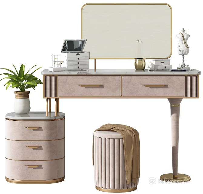 Elegant Modern Dressing Table With Mirror Drawers Stool And Decorative Plant 3d model