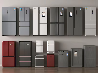 Various Modern Refrigerators And Freezers With Different Colors And Styles For Home Kitchen 3d model