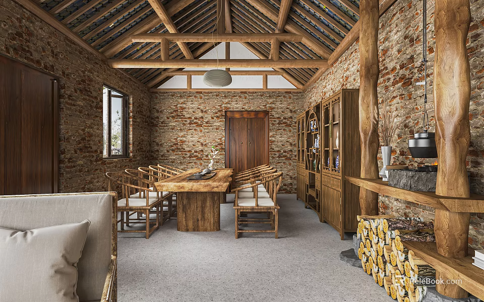 Rustic Hotel Public Lounge Featuring Wooden Roof Beams Brick Walls And Firewood Stack 3d model 