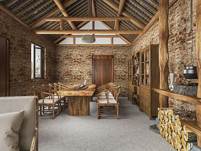 Rustic Hotel Public Lounge Featuring Wooden Roof Beams Brick Walls And Firewood Stack 3d model