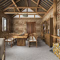 Rustic Hotel Public Lounge Featuring Wooden Roof Beams Brick Walls And Firewood Stack