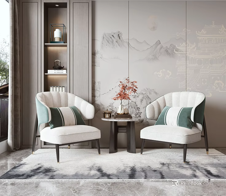 Elegant Leisure Sofa Set With White Chairs Green Cushions Round Table And Landscape Backdrop 3d model 