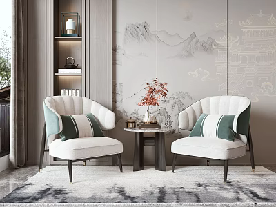 Elegant Leisure Sofa Set With White Chairs Green Cushions Round Table And Landscape Backdrop 3d model