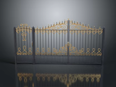 Exquisite Outdoor Iron Double Door Gate Furniture With Intricate Golden Ornaments And Black Frame 3d model