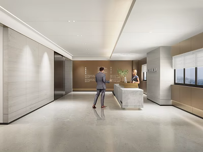 Modern Office Reception Desk With Marble Counter And Receptionist In Lobby Area 3d model