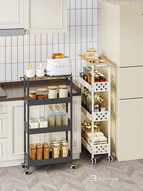 Modern Kitchen Tableware Set Displayed On Storage Shelves With Glass Jars And Toaster 3d model 