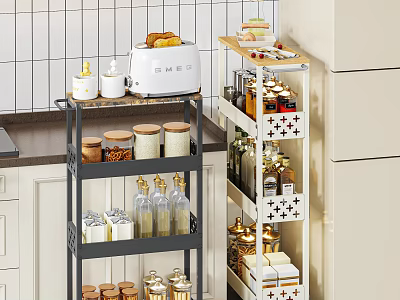 Modern Kitchen Tableware Set Displayed On Storage Shelves With Glass Jars And Toaster 3d model