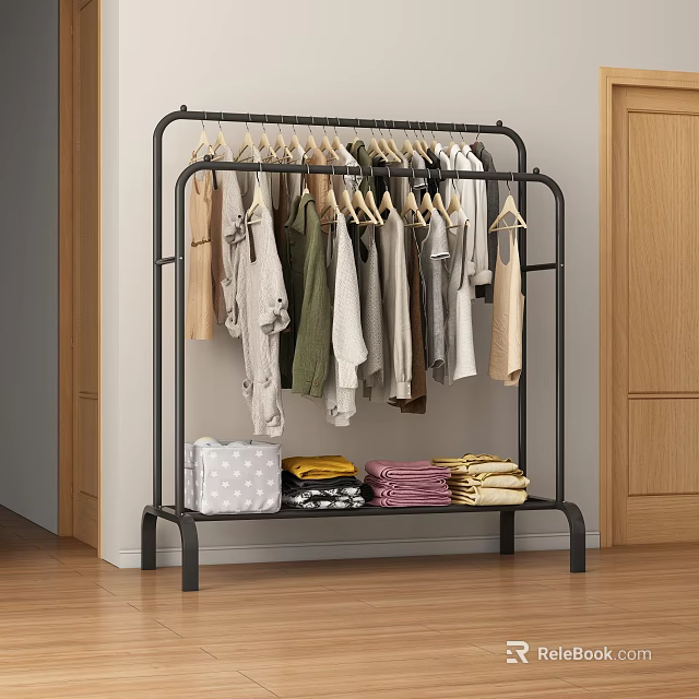 Clothing Rack With Hanging Clothes Storage Bag And Folded Clothes In Room 3d model 