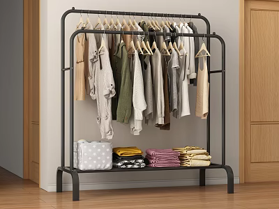 Clothing Rack With Hanging Clothes Storage Bag And Folded Clothes In Room 3d model