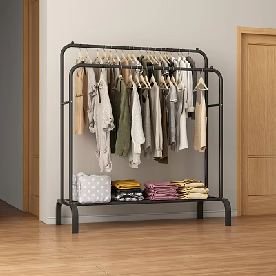 Clothing Rack With Hanging Clothes Storage Bag And Folded Clothes In Room 3d model