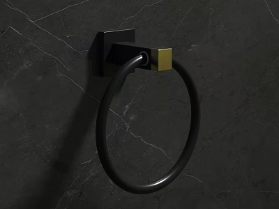 Modern Bathroom Cabinet Rack With Black Towel Ring And Golden Accent On Gray Marble Wall 3d model