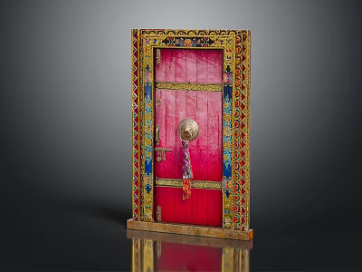 Ornate Red Door Furniture With Decorative Frame Colorful Patterns And Metal Door Knocker 3d model