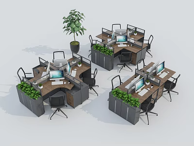 Modern Office Workspace With Multiple Desks Computers Chairs And Green Plant Dividers 3d model