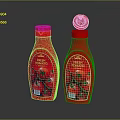 Two Red Premium Bottles With Fresh Pomegranate Label And Flower Design Accents