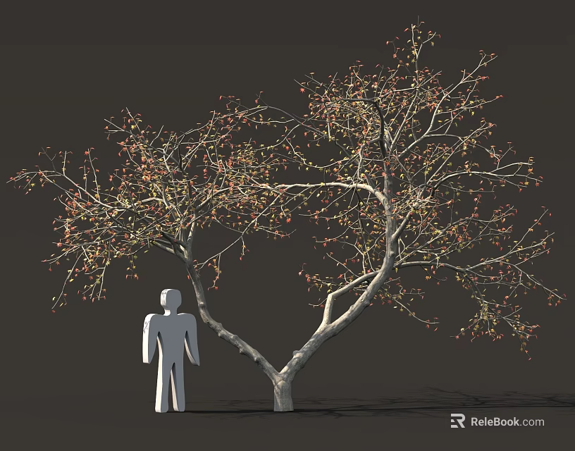 Heart Shaped Tree With Human Figure Silhouette And Small Red Orange Leaves In Dark Background 3d model 