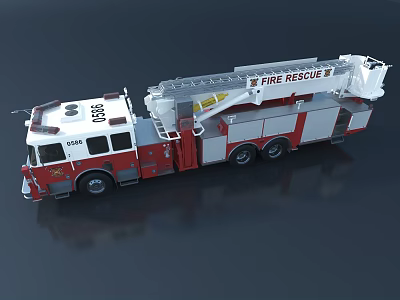 Red And White Fire Rescue Truck With Extended Ladder And Emergency Equipment 3d model