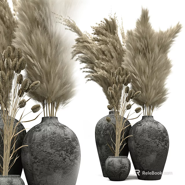 Rustic Gray Vases With Dried Pampas Grass For Home Interior Decor 3d model 