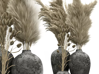 Rustic Gray Vases With Dried Pampas Grass For Home Interior Decor 3d model