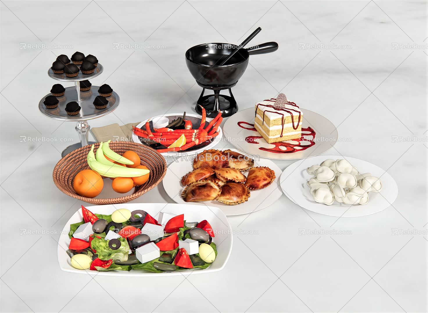 Modern Food Food Food Beverage Cake Chocolate Salads Xiangjiang Crab Leg Fried Dumpling Pot Stickers Fruit 3d model