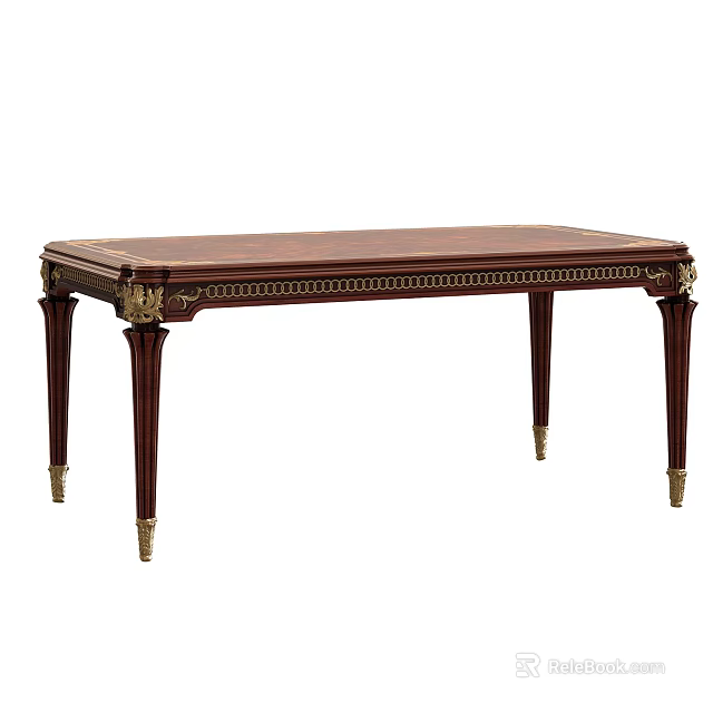 Classic Wooden Dining Table With Gold Metal Leg Accents And Carved Details 3d model 