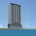 Modern High rise Residential Building With Glass Windows And Waterfront View Under Blue Sky