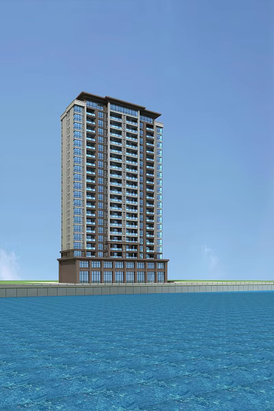 Modern High rise Residential Building With Glass Windows And Waterfront View Under Blue Sky 3d model