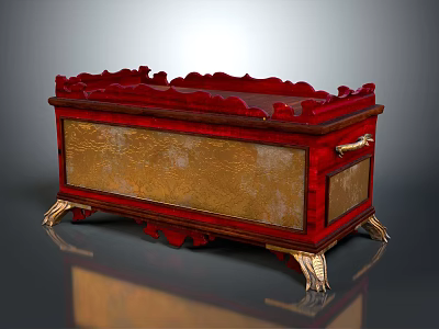 Ornate Red And Gold Decorative Chest With Carved Details And Ornate Feet 3d model