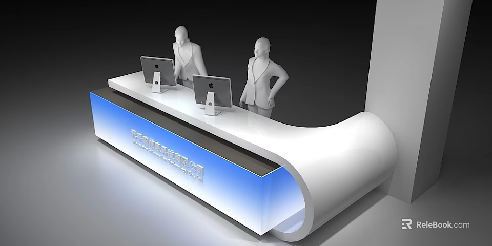 Modern White Curved Reception Desk With Blue Illuminated Front And Computer Monitors 3d model 