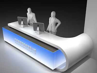 Modern White Curved Reception Desk With Blue Illuminated Front And Computer Monitors 3d model