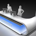 Modern White Curved Reception Desk With Blue Illuminated Front And Computer Monitors 3d model