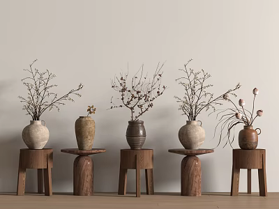 Elegant Vases With Dried Flowers On Wooden Stools Light Colored Wall Wooden Floor Interior Decor 3d model