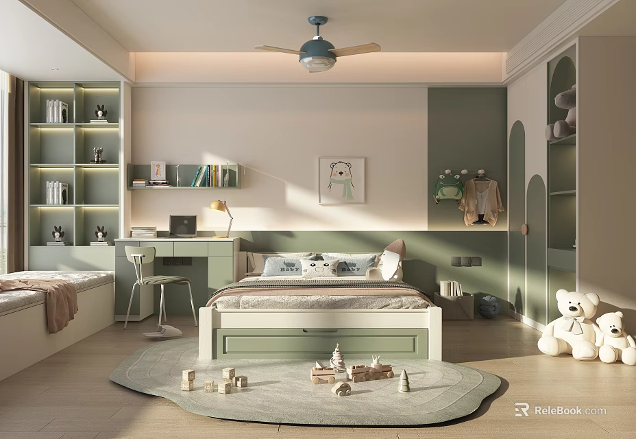 Kids Room Interior With Light Green White Walls Bed Desk Bookshelves Toys Teddy Bear Rug 3d model 